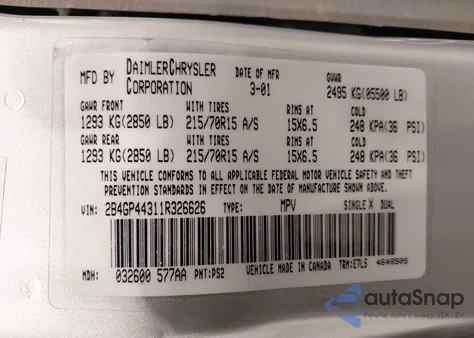 2001 Dodge Grand Caravan Sport z USA, uszkodzony, nr VIN 2B4GP44311R326626